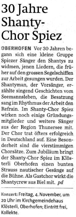 Zeitungsbericht im Thuner Tagblatt vom 2. November 2011